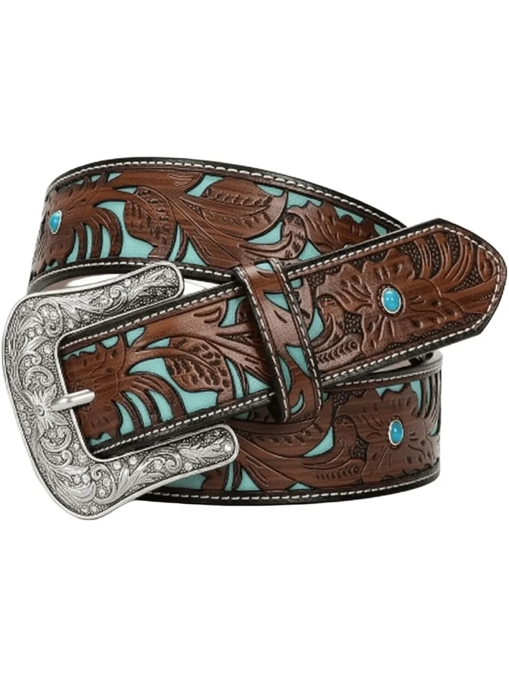 Tooled Brown Leather Belt with Turquoise Inlay